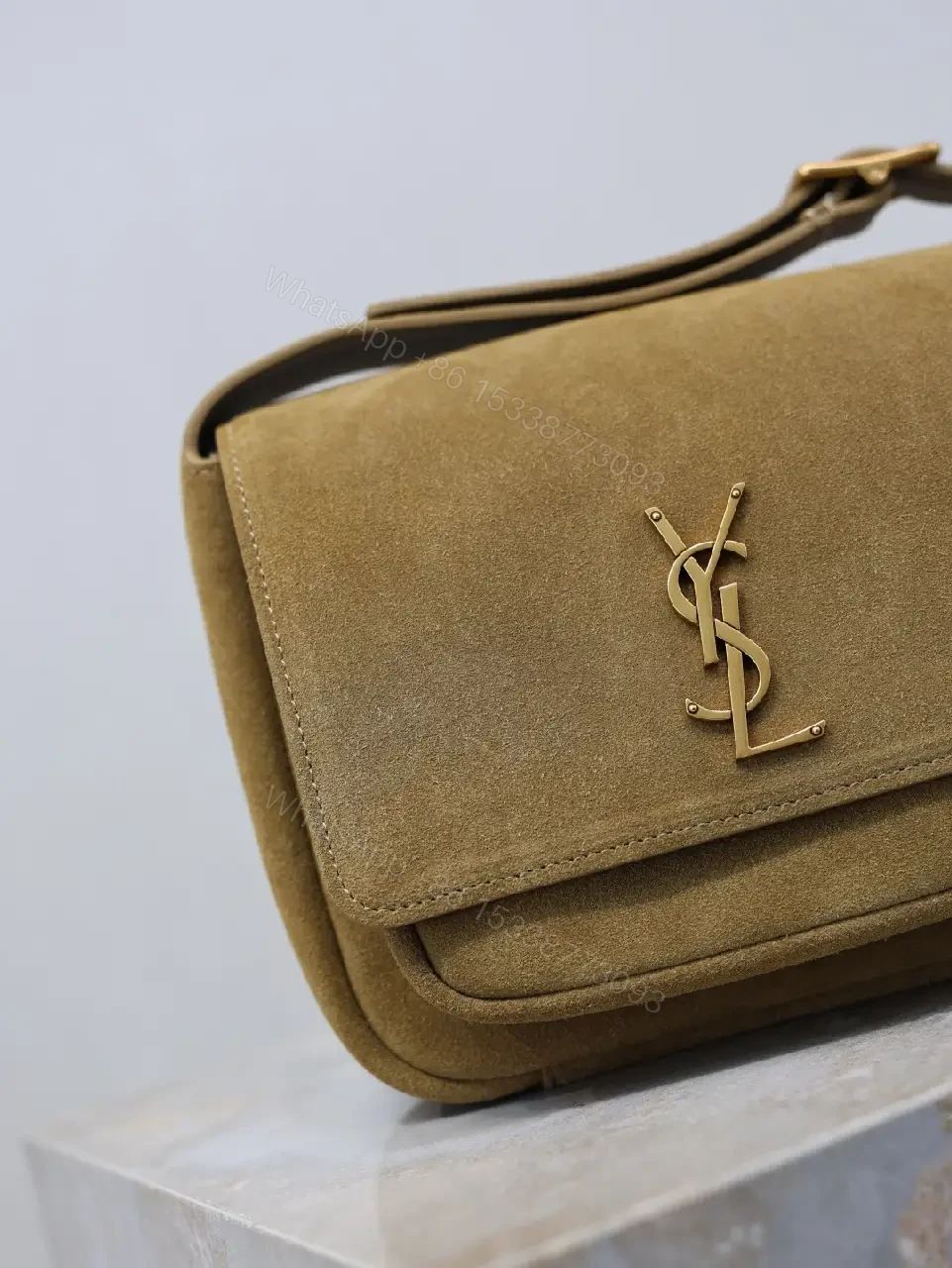 View 6 of Timeless Suede Crossbody with Gold Emblem, Compact Luxury