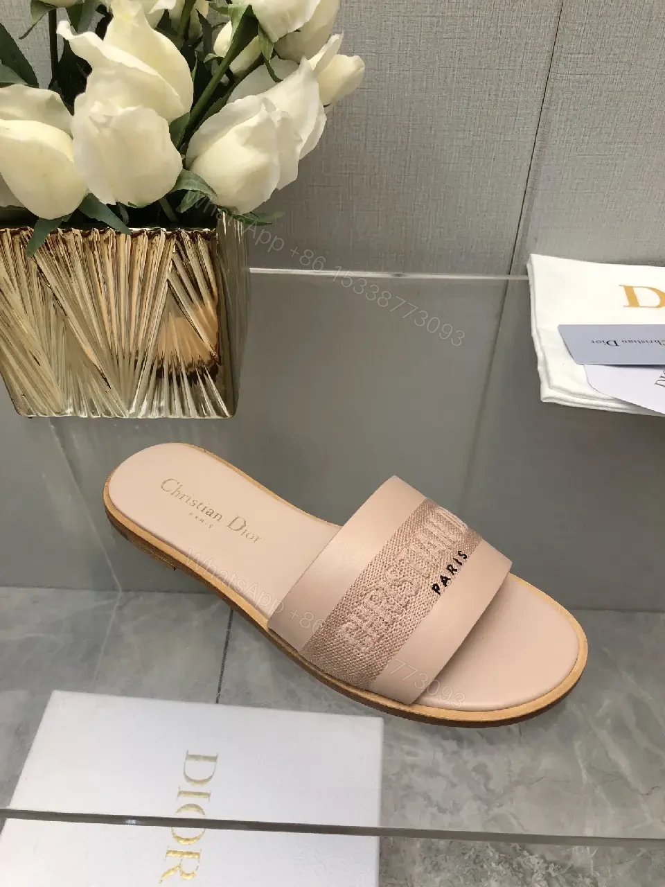 View 3 of Pink Beige Leather Slide Sandals with Dior Band - Paris Theme