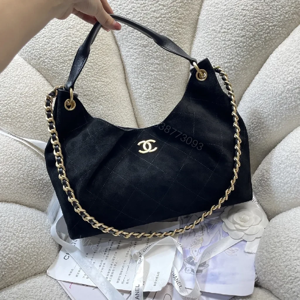 View 6 of Quilted Black Bag with Gold Chain, Top Handle, Compact