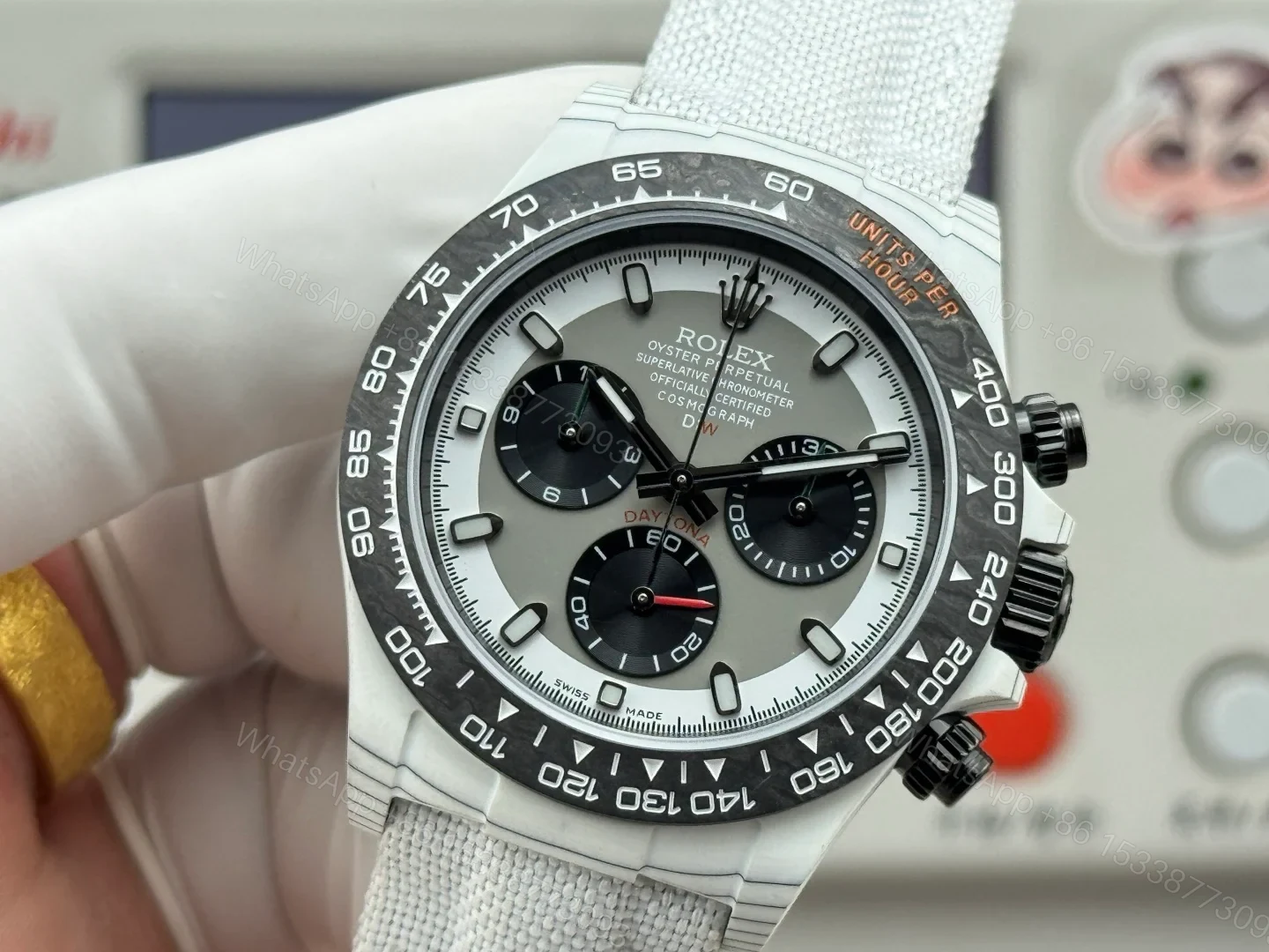 View 5 of Rolex Daytona Carbon Fiber Panda White Strap Replica 40MM Premium Black Bezel EditionRG-ROLEX-DAYTONA-R74-WHITE-STRAP