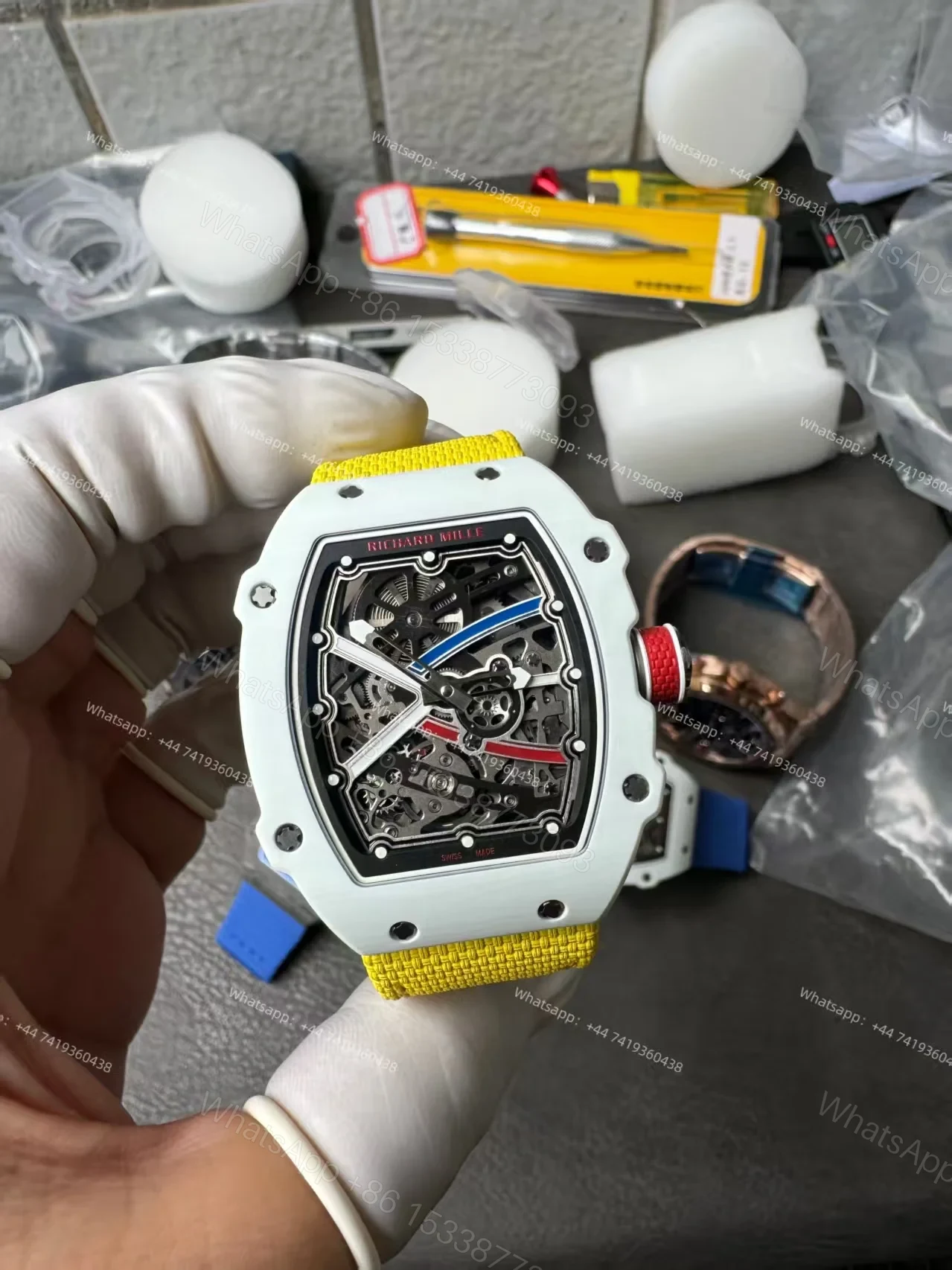 View 13 of Super Clone Richard Mille RM67-02 White Ceramic Skeleton Tourbillon 1:1 Replica Watch with Yellow Strap