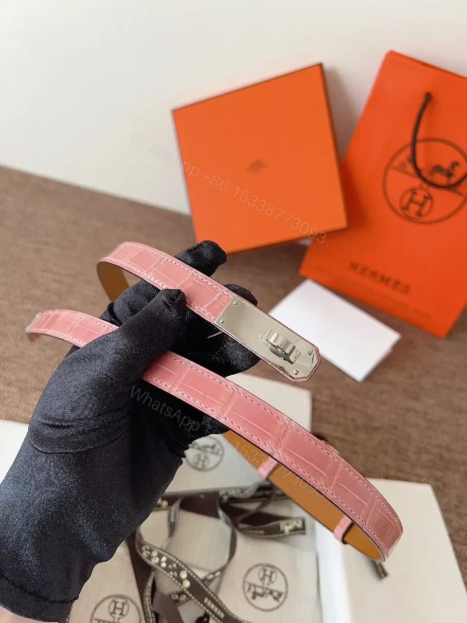 View 2 of Light Pink Croc-Embossed Leather Double-Strap Watch Band