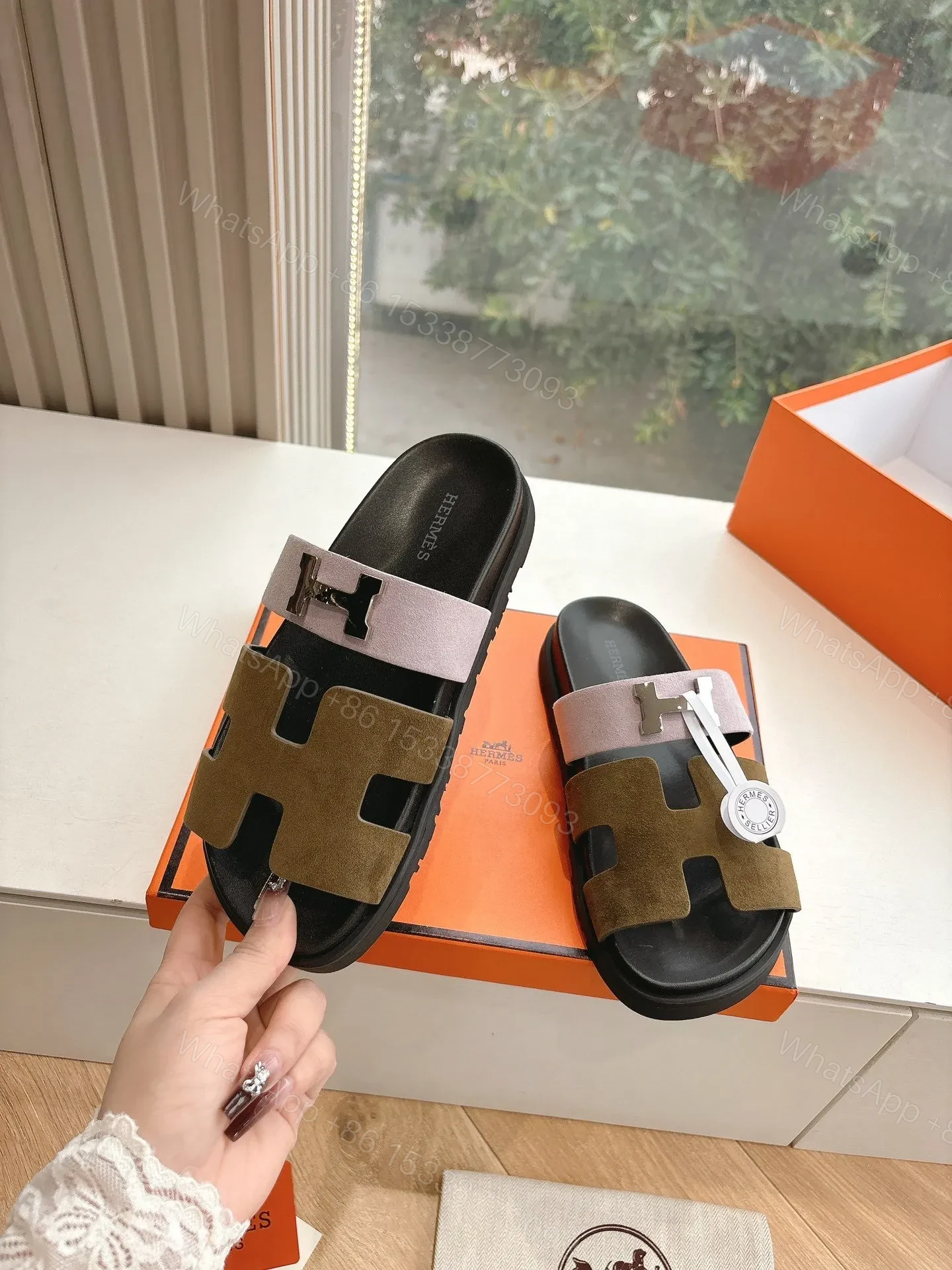View 6 of Hermes Women Pink And Olive Suede Sandals