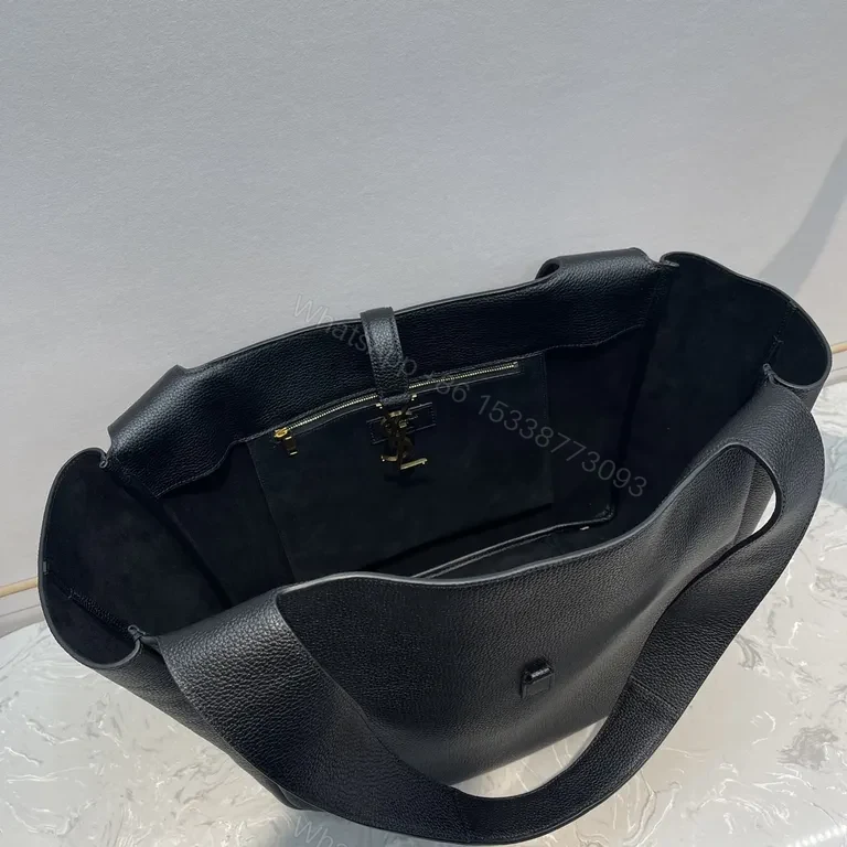 View 2 of Refined Black Leather Tote - Gold YSL Charm, Everyday Luxury Tote