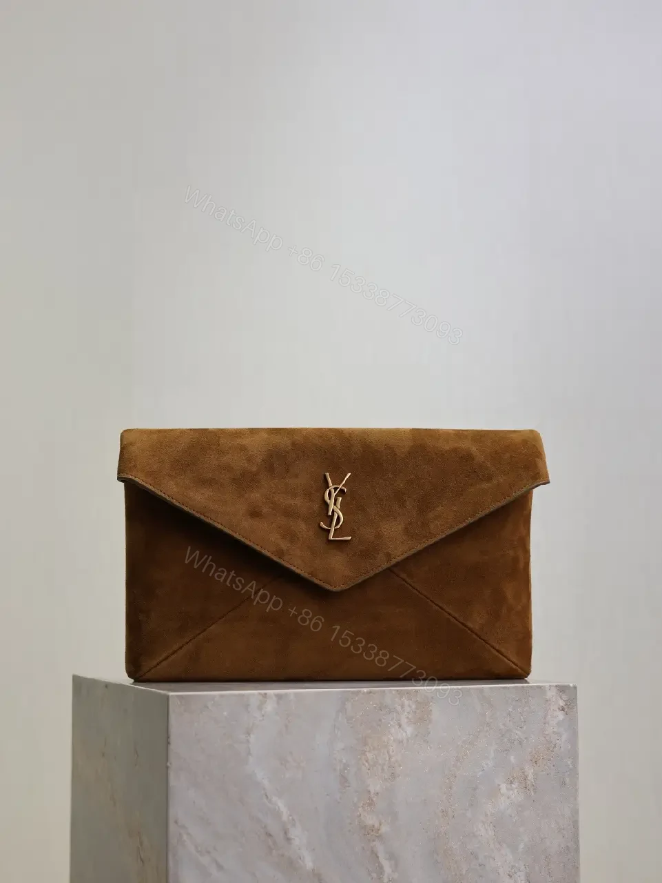 Chocolate Suede Envelope Clutch with Gold Hardware — view 1