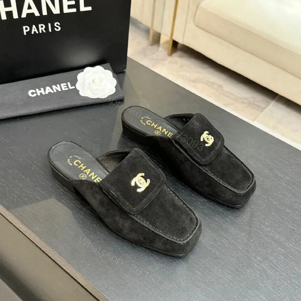 View 6 of Black Suede Slip-Ons with Gold Chanel Logo Moccasins