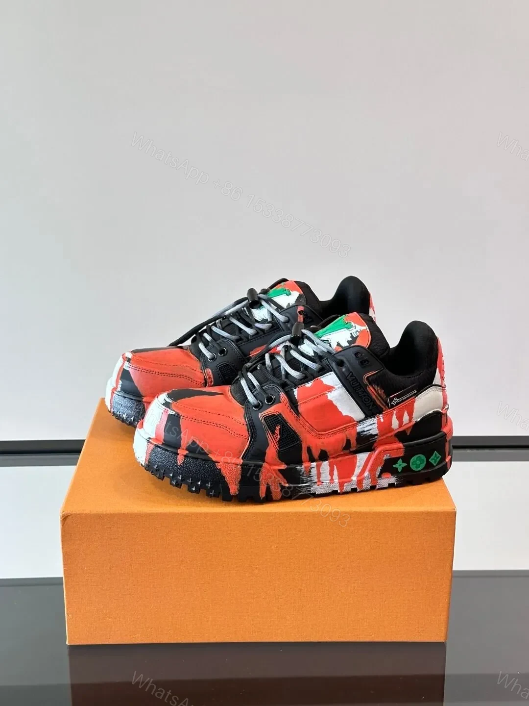 View 3 of LV Men Red Black Leather Sneakers
