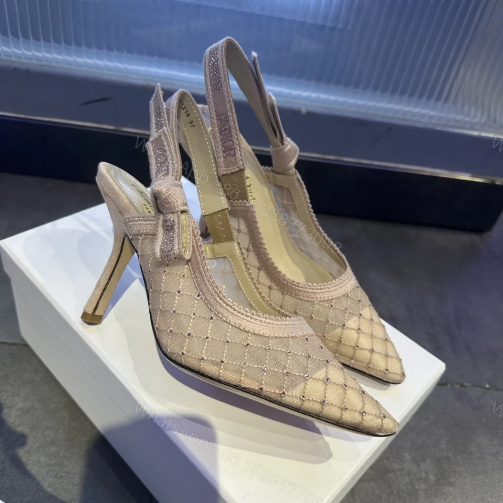 View 9 of 高仿Dior*JAdior系列KCV040尖頭露跟高踭鞋網面6.5CM粉色免檢版