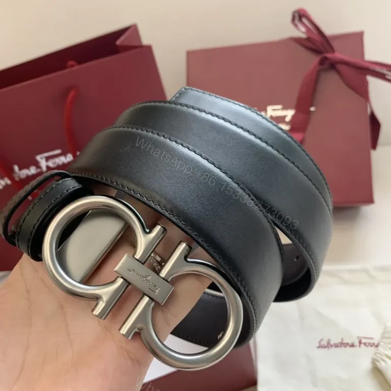 View 9 of Black Calfskin Leather Belt â€” Ferragamo Double Gancini, 3.5cm, Luxury Style