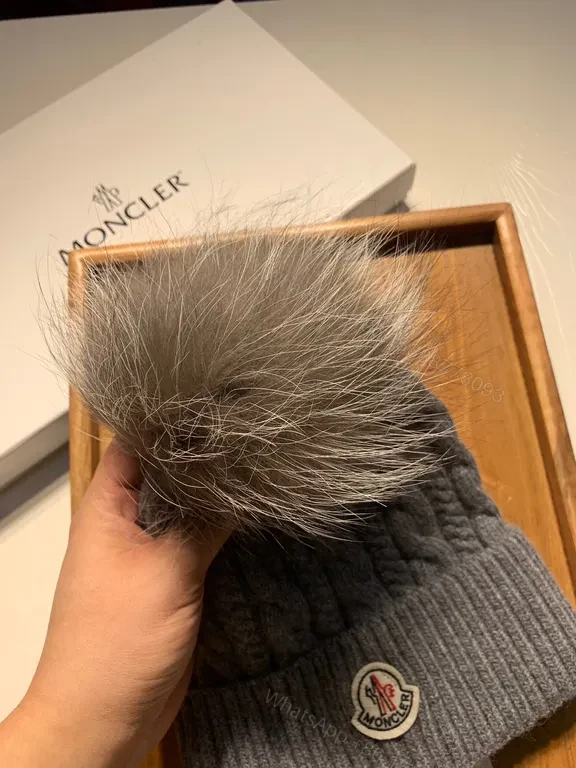 View 8 of Cozy Wool-Blend Beanie with Fur Pom â€” Moncler Style Warmth