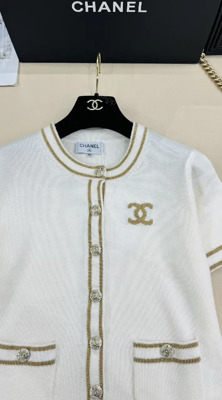 View 6 of White Knit Cardigan Dress with Gold Trim