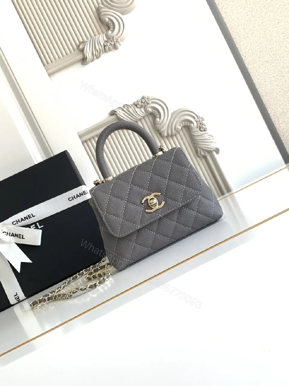 View 6 of Charcoal Leather Quilted Mini Bag with Gold Chain Accent