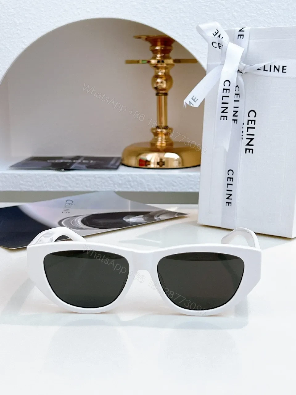View 5 of White Frame, Brown Lens Luxe Sunglasses - Sleek Cat-Eye Style