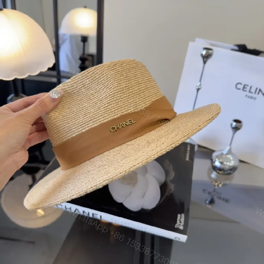 View 10 of Light Beige Straw Fedora-Boater Hat with Ribbon CHANEL Logo