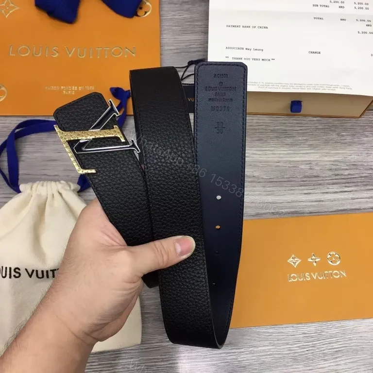 View 4 of Premium Black Pebbled Leather Belt with Gold LV-Inspired Buckle
