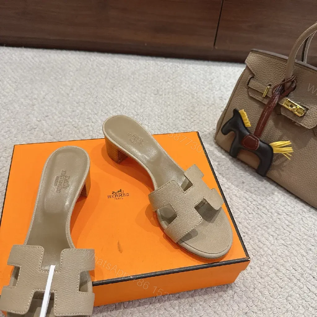 View 5 of Beige Leather Hermes H-Style Slide Sandals