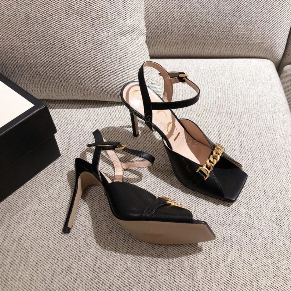View 3 of Gucci Ankle Buckle Strap Sylvie Chain Sandals In Black