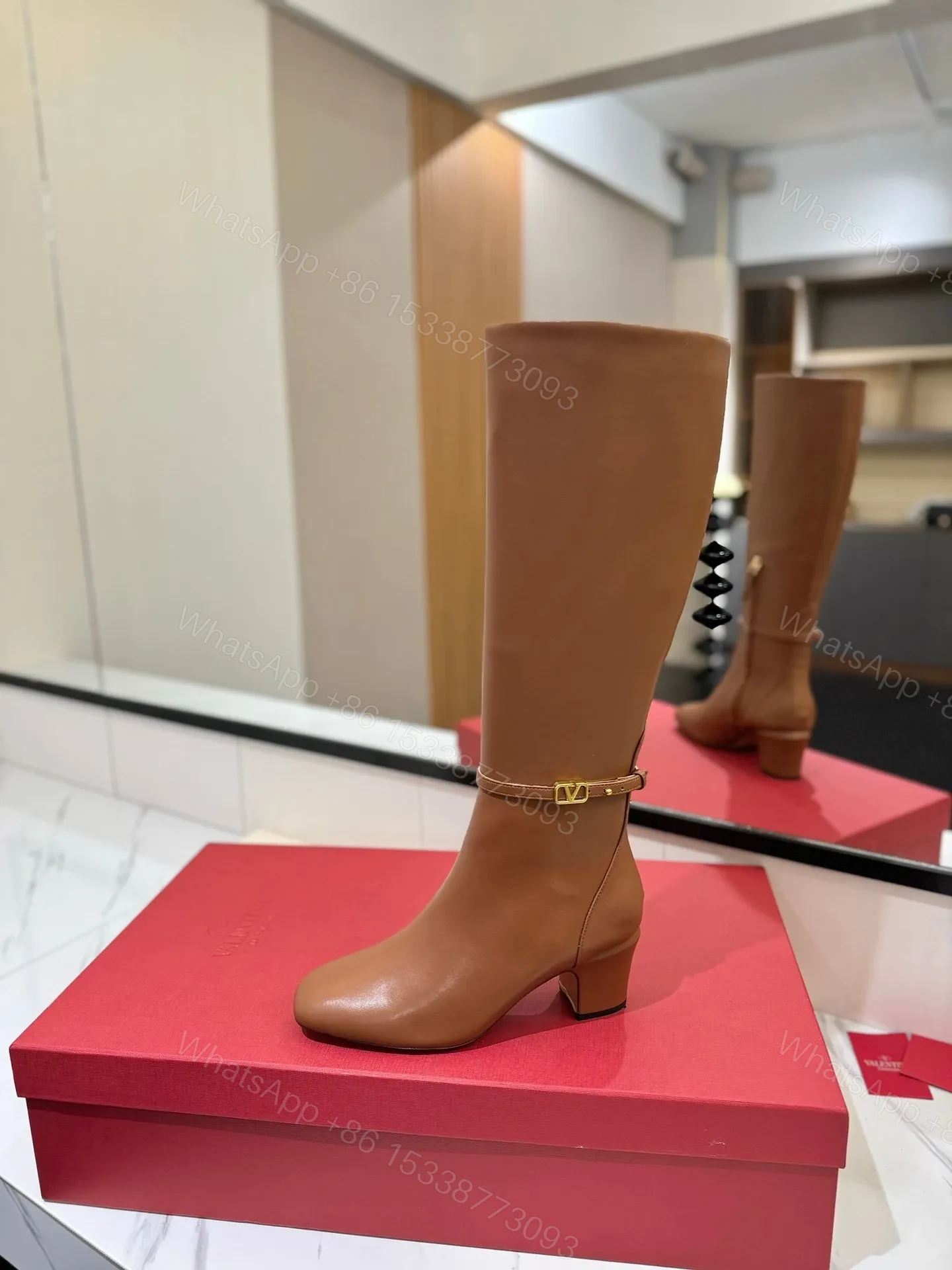 View 5 of Valentino Women Tan Leather Mid-Calf Boots
