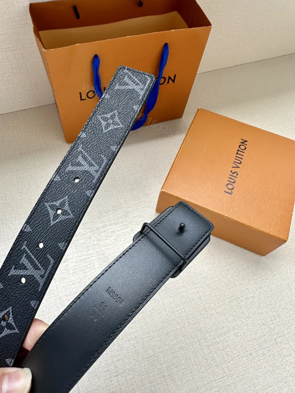 View 7 of Monogram Belt: Modern Luxury Black Leather Style, Gold Buckle