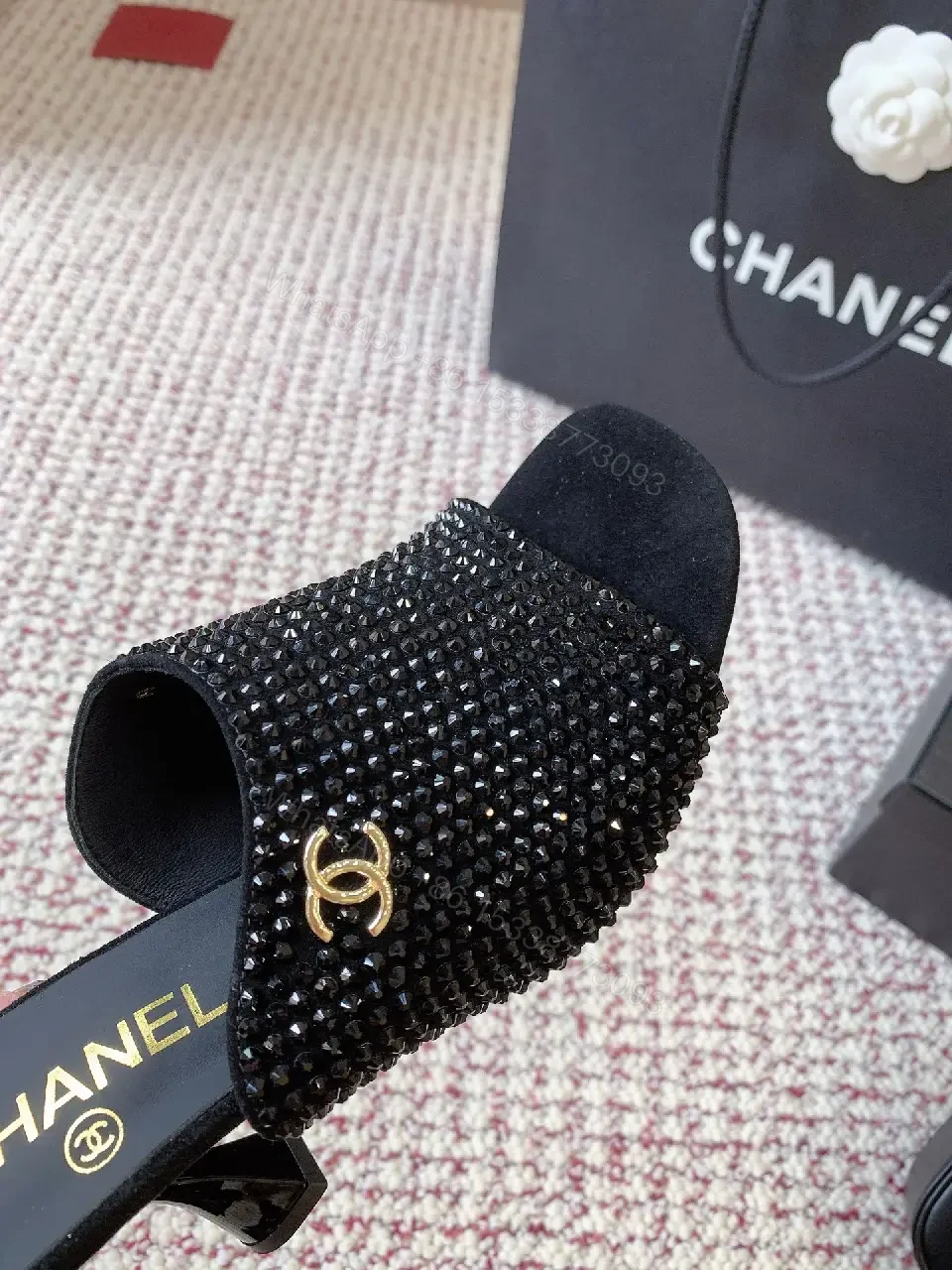 View 9 of Black Velvet Crystal Dainty Mules with Chanel Logo Heels