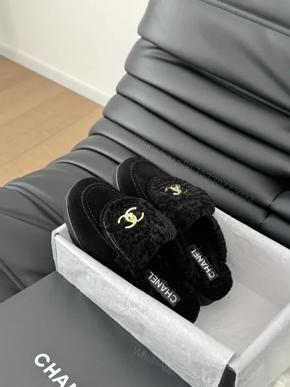 View 4 of Velvet Trim Slippers - Chanel-Inspired, Gold Logo Slip-Ons