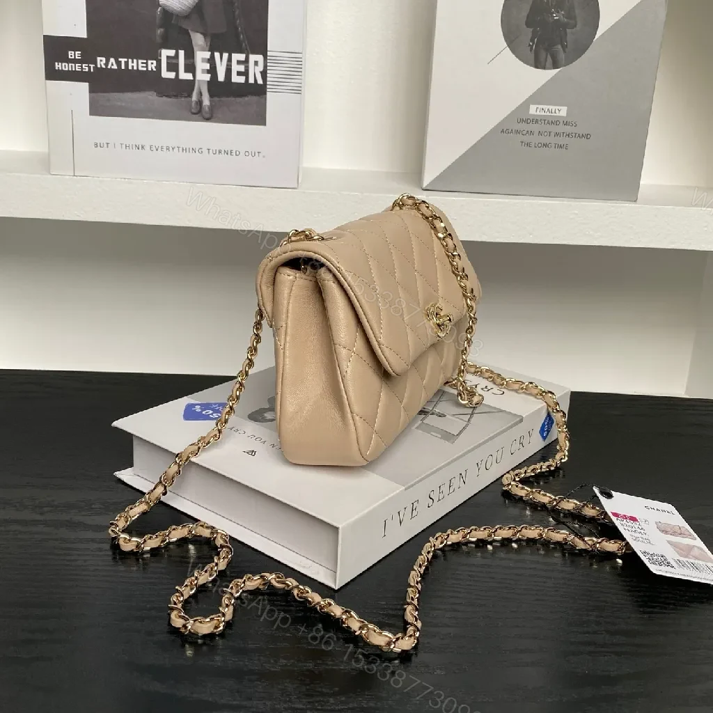 View 7 of Toasted Beige Quilted Leather Shoulder Bag — Gold Chain, Compact Lux