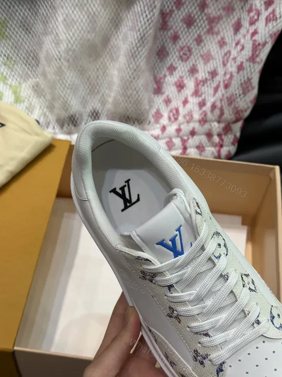 View 9 of Louis Vuitton-Style White Leather Sneakers with Signature Details