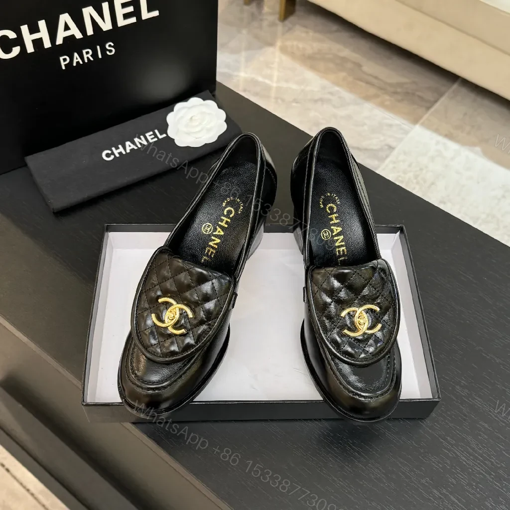 View 5 of Quilted Leather Loafers with Gold Logo, Chic Classic