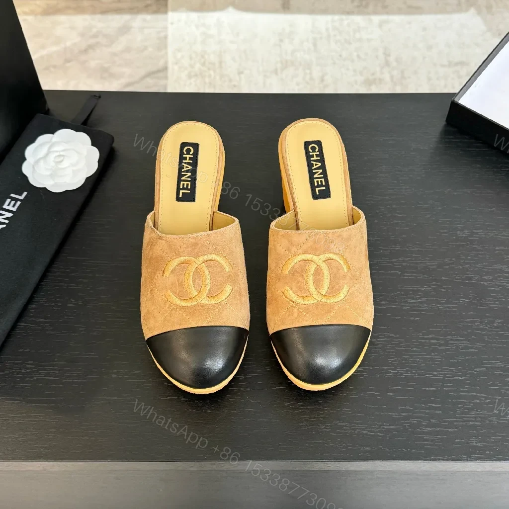 Camel Suede Mules with Black Cap Toe—Chic Open-Back Style, Cushioned Comfort — view 1
