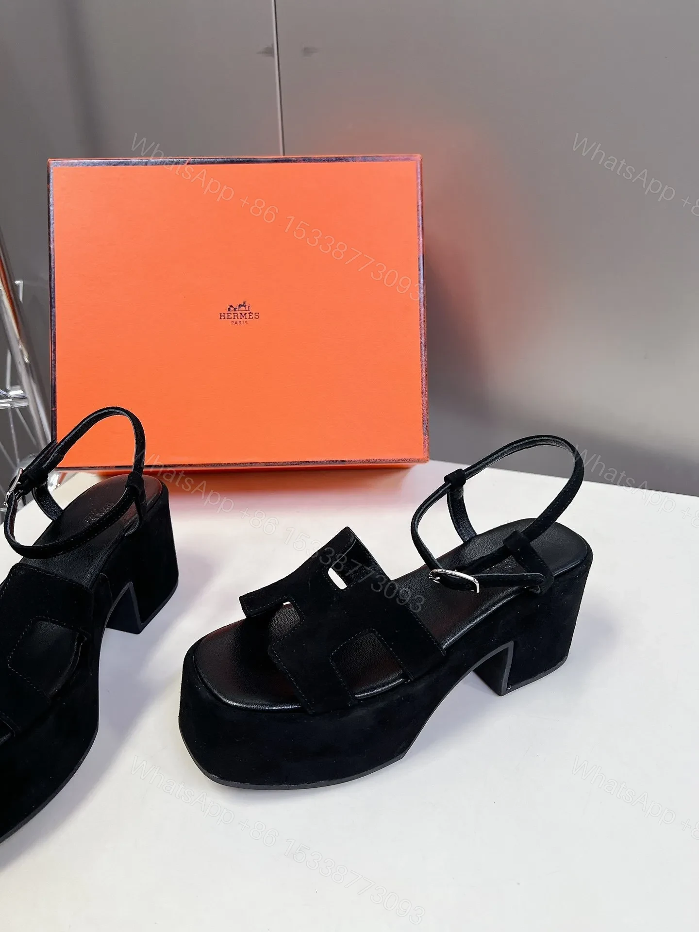 View 4 of Hermes Women Black Suede Slingback Sandals
