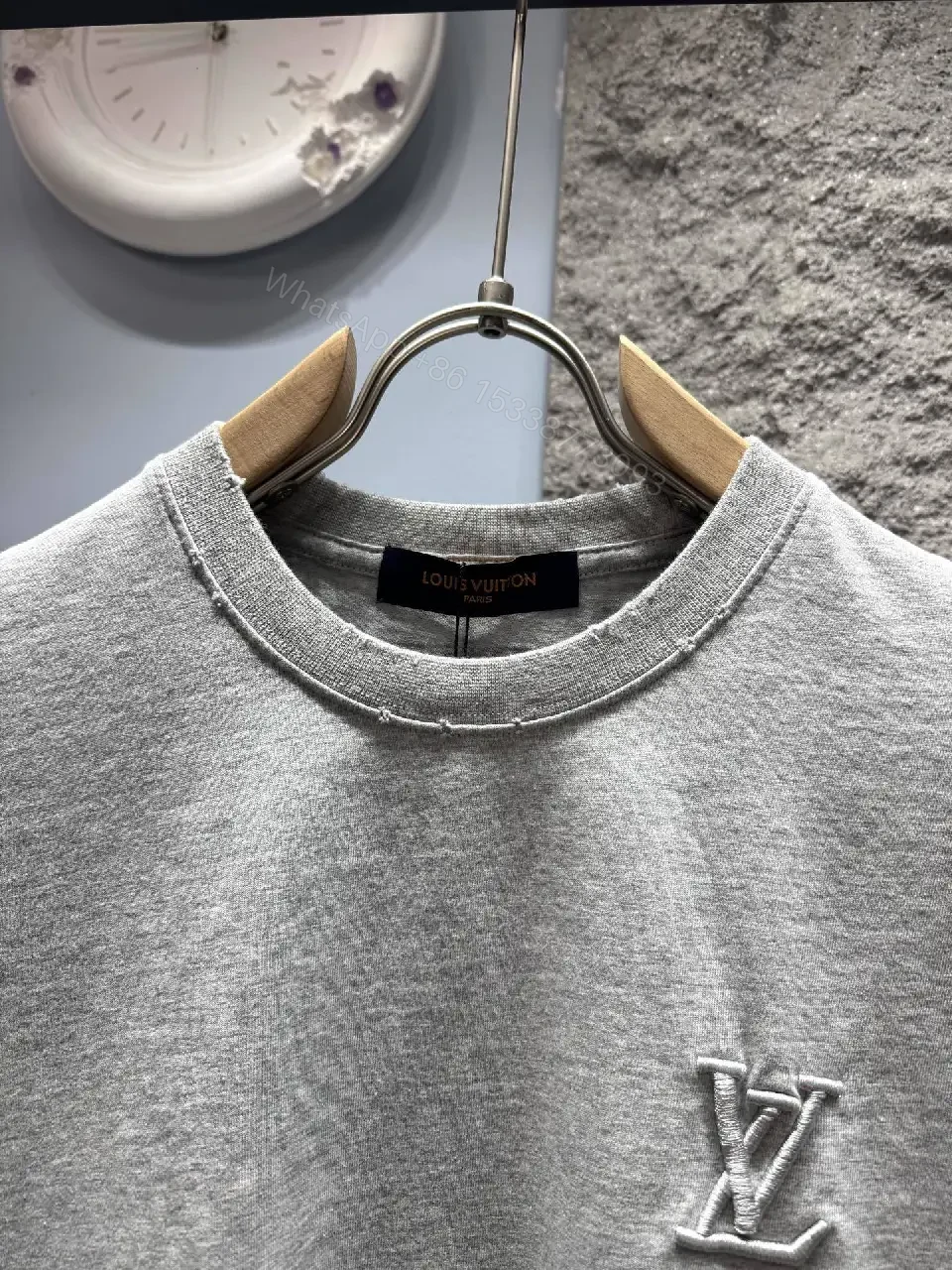 View 8 of Grey Cotton Tee with Subtle LV Embroidery, Relaxed Crewneck, Mid-Weight Comfort