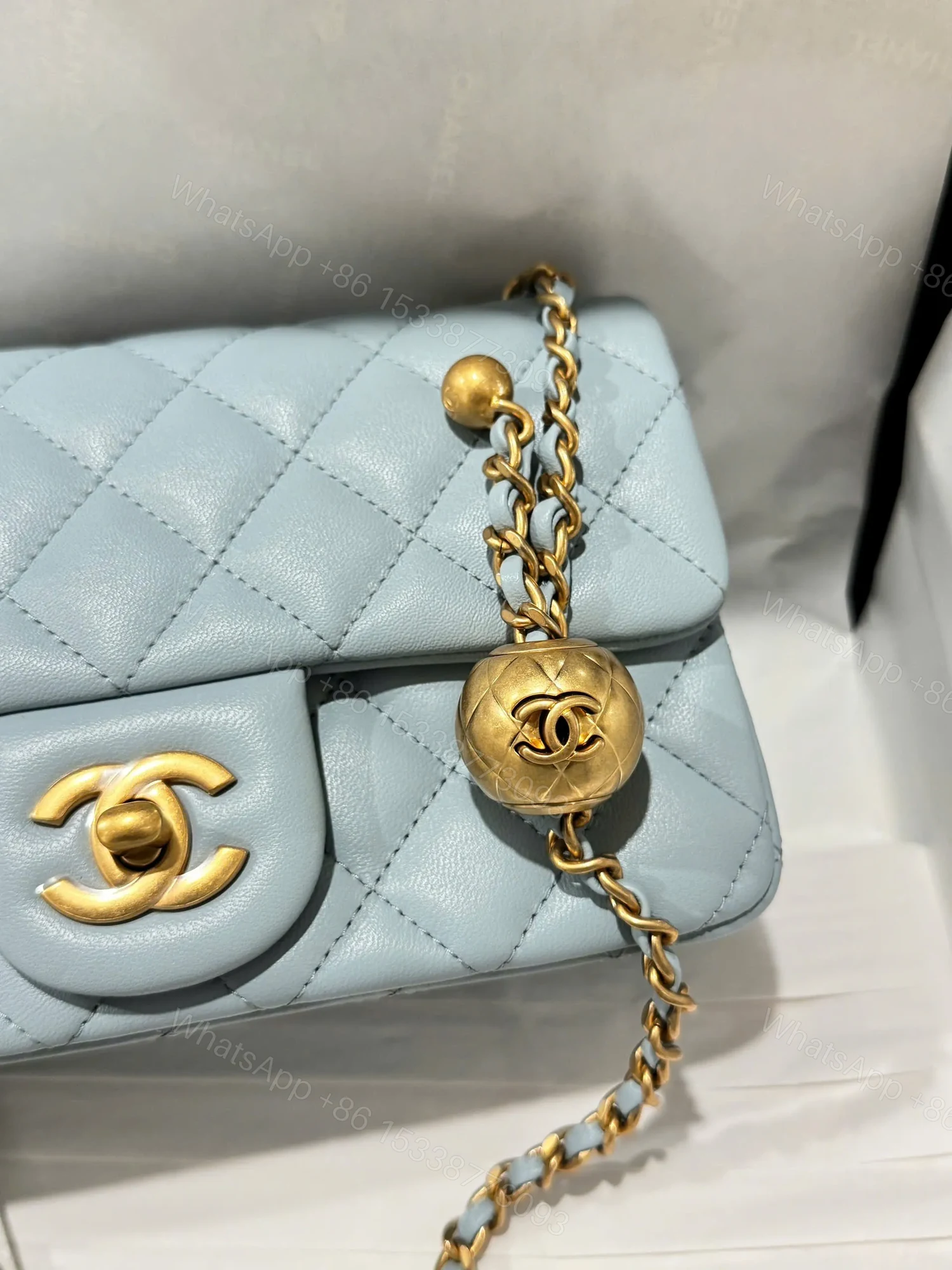 View 8 of Chanel Classic Bell Bag Handbag Sheepskin Blue Like Auth Lock Gold 20cm
