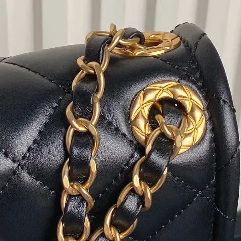 View 6 of Black Quilted Shoulder Bag with Gold Chain - Compact Luxury Bag