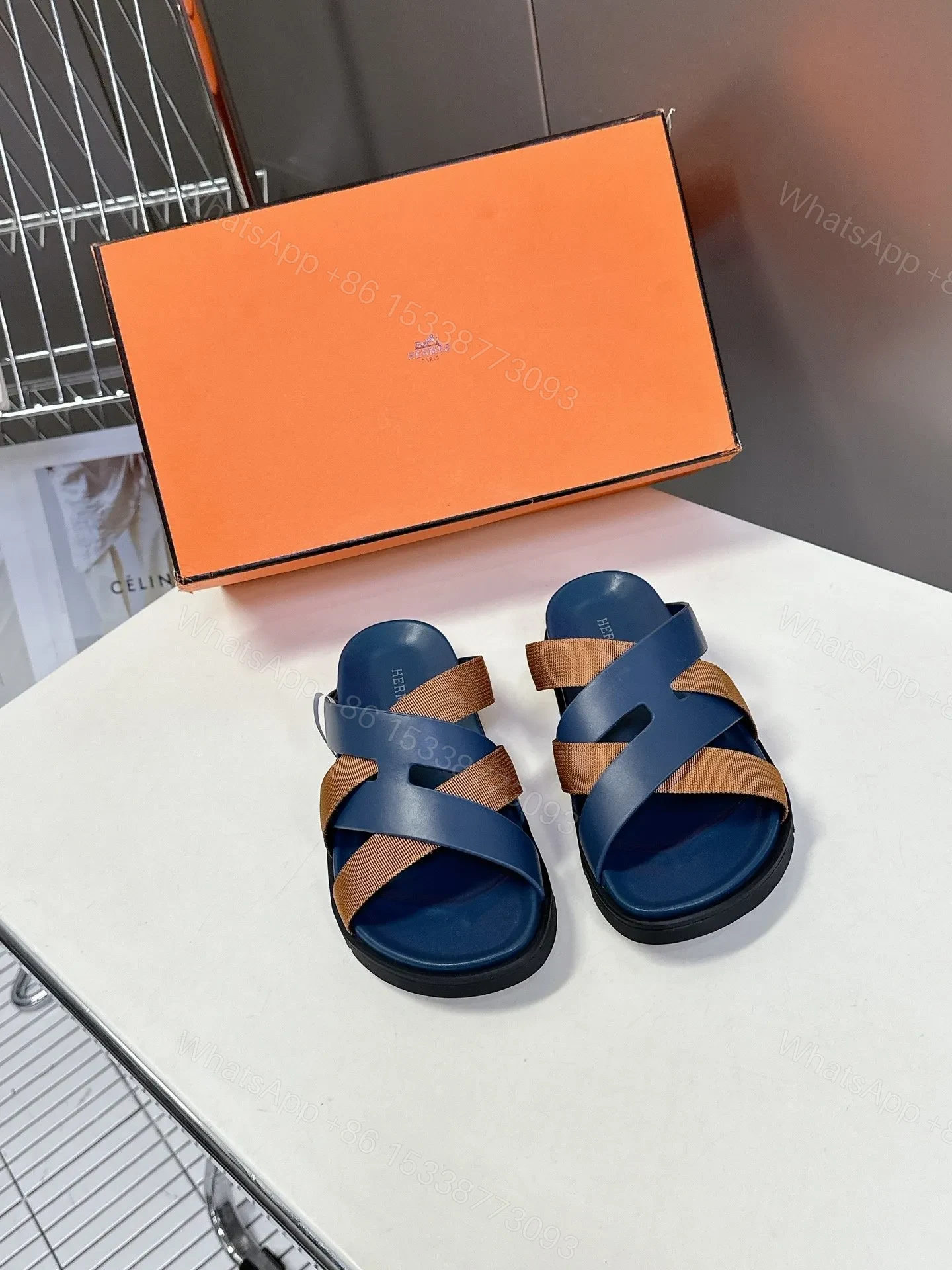 Hermes Women Navy Blue Leather And Brown Sandals — view 1