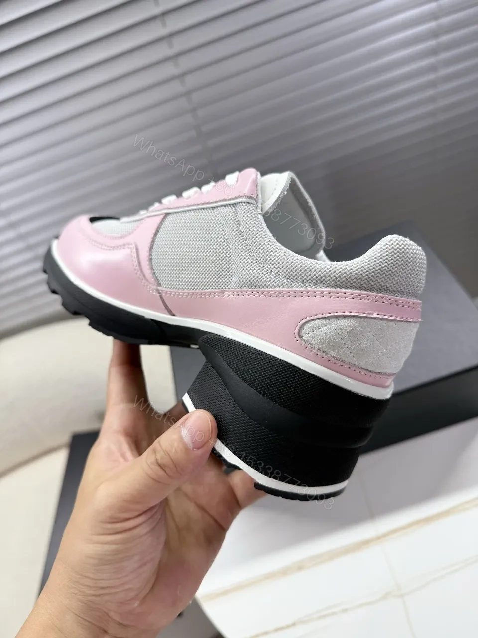 View 7 of Pastel Pink Suede-White Mesh Sneaker with Black-Toe Cap