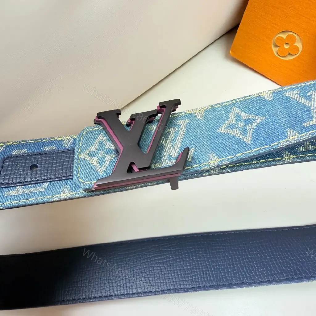 View 8 of Denim-Print Belt with Monogram Hardware: Luxury-Casual Belt