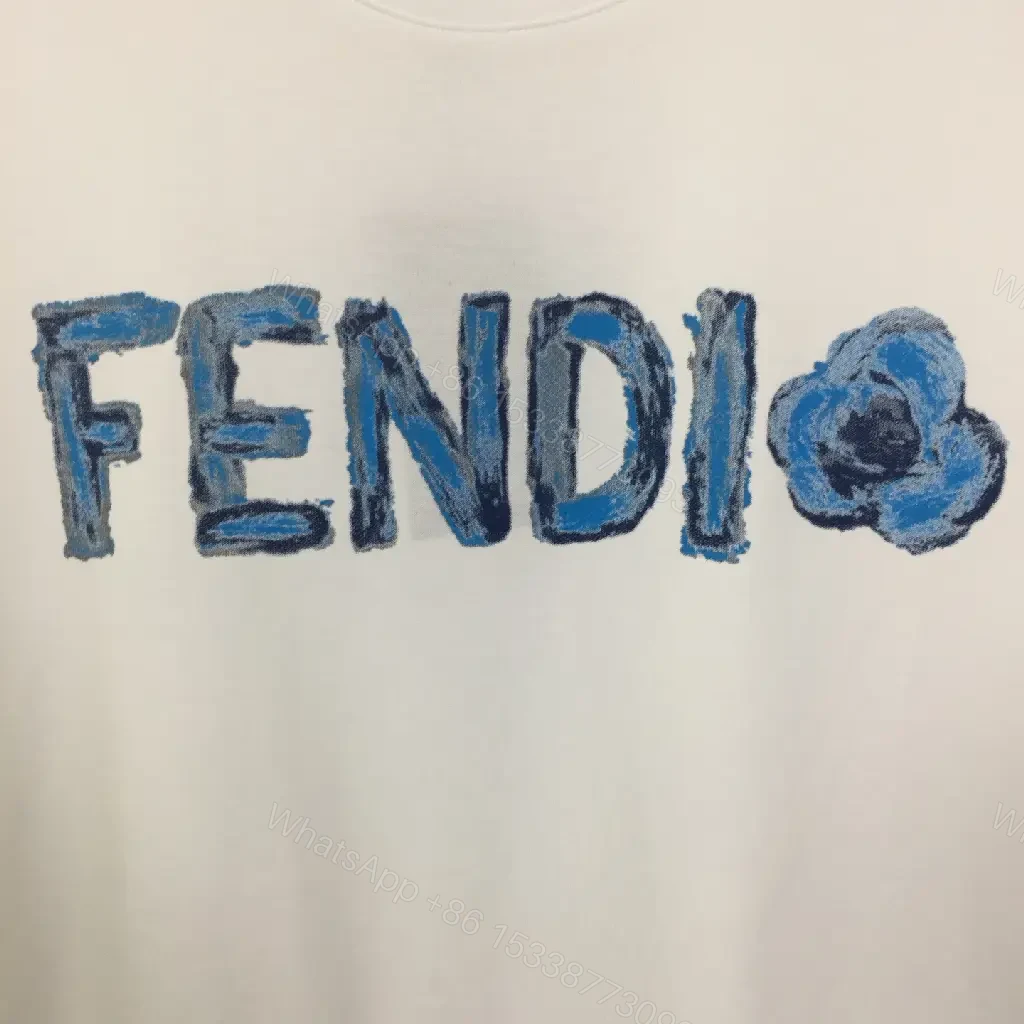 View 3 of White/Blue Textured FENDI Logo Crewneck T-Shirt