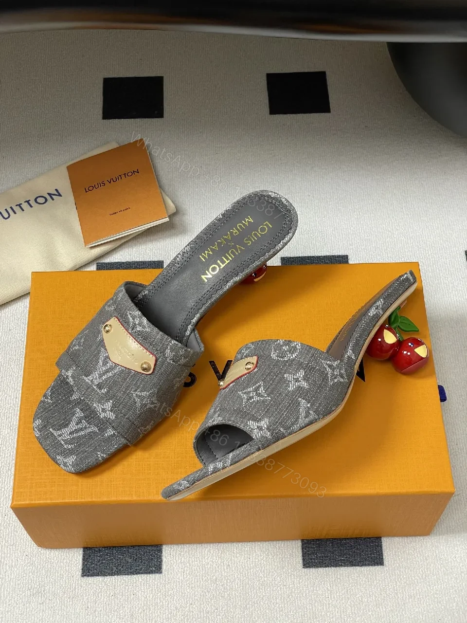 Grey Velvet Monogram Mules with Leather Accents: Elevated Comfort — view 1