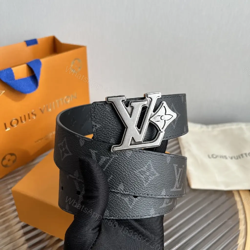 View 4 of Dark Gray/Black Leather Belt – LV Monogram, Pebbled Texture, Silver Buckle