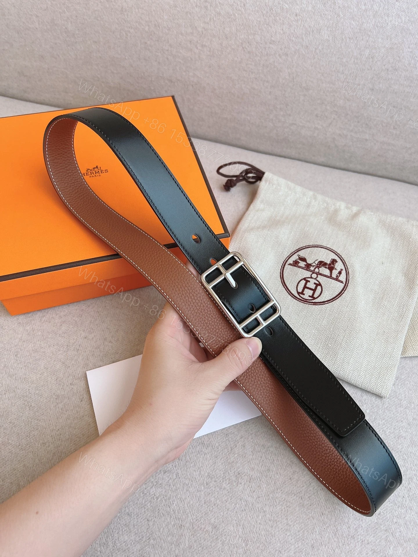 View 3 of HERMES QUENTIN REVERSIBLE BELT BROWN RECTANGLE BUCKLE 32MM