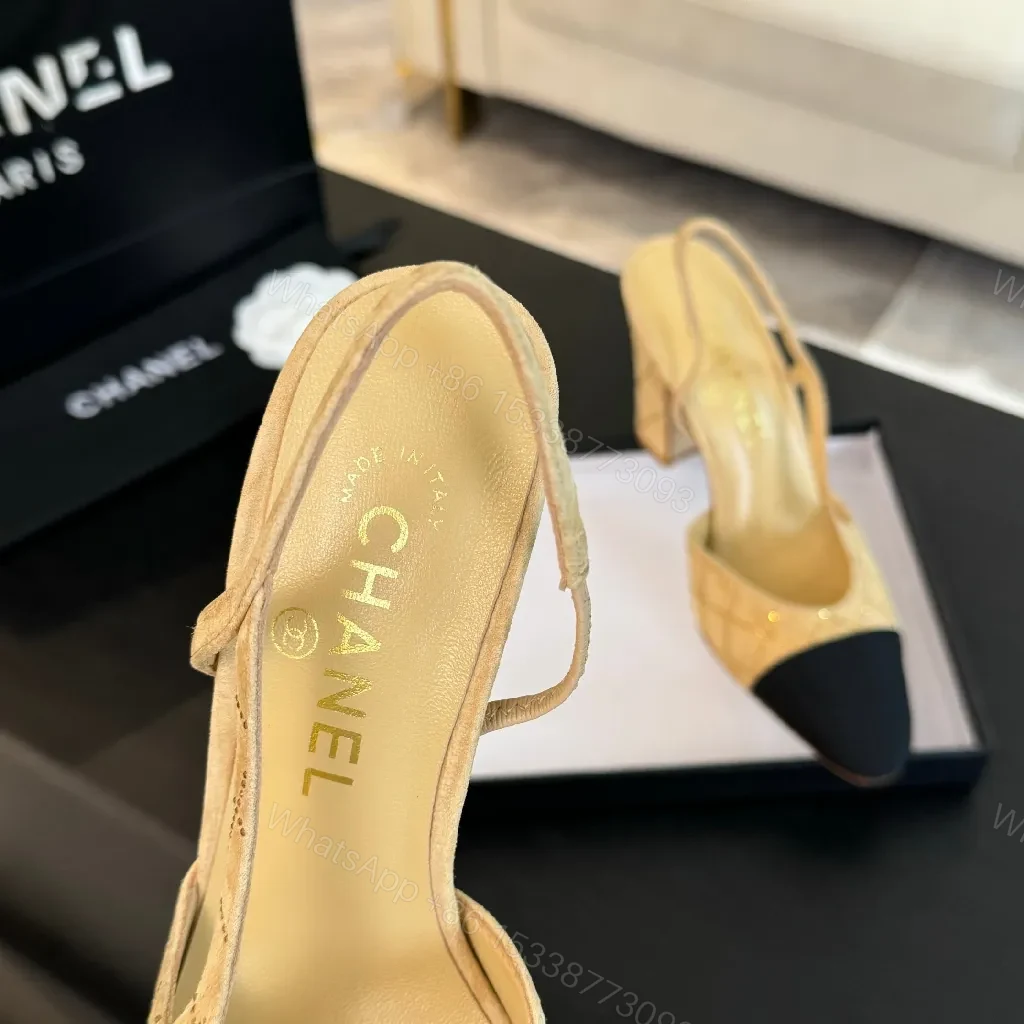 View 9 of Beige Knit Slingback Heels: Two-Tone Cap-Toe Pump