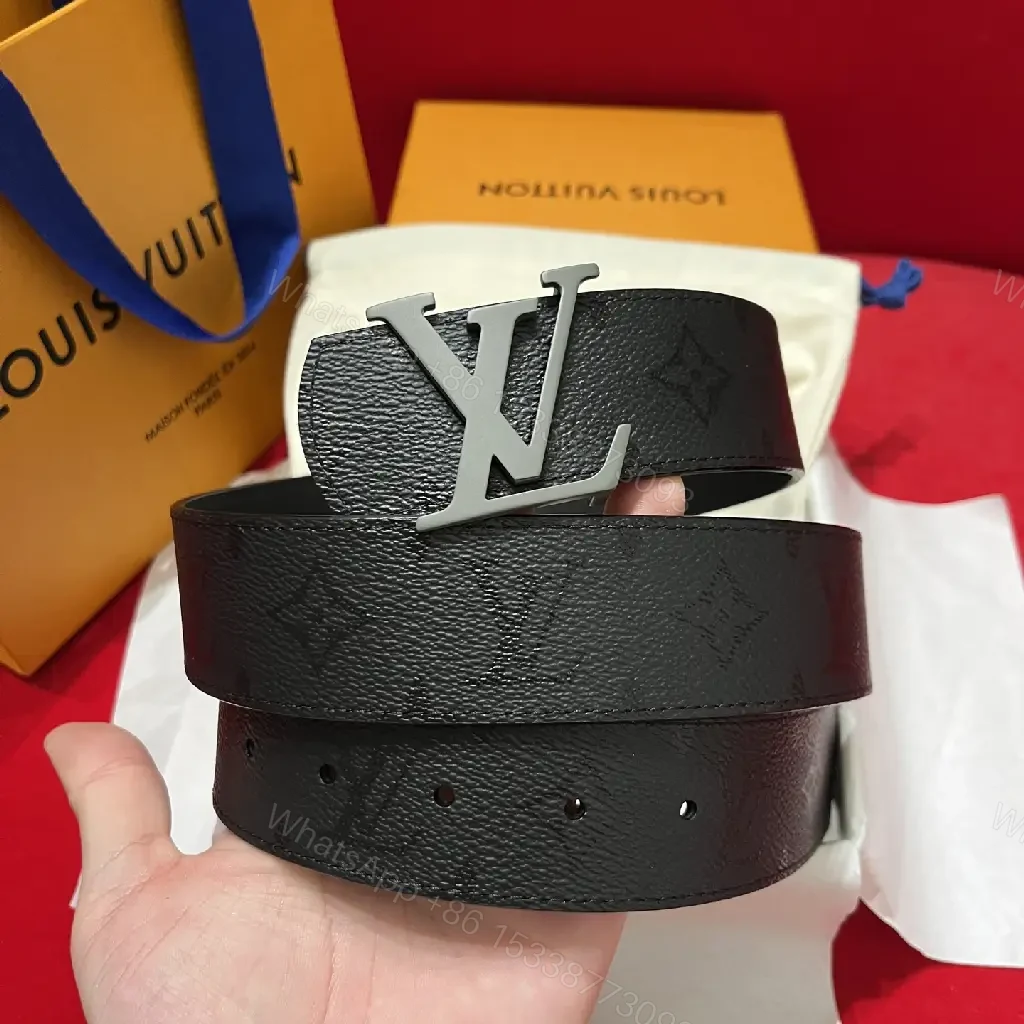 View 3 of Black Leather Belt Sleek Modern Pebbled Texture LV Buckle Belt
