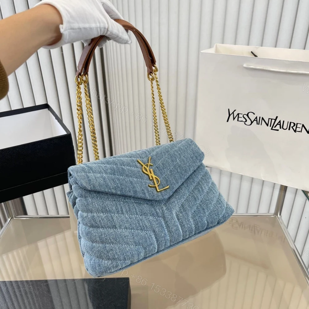 View 2 of Saint Laurent Loulou Small Chain Bag In Quilted Y Denim Blue 25Cm