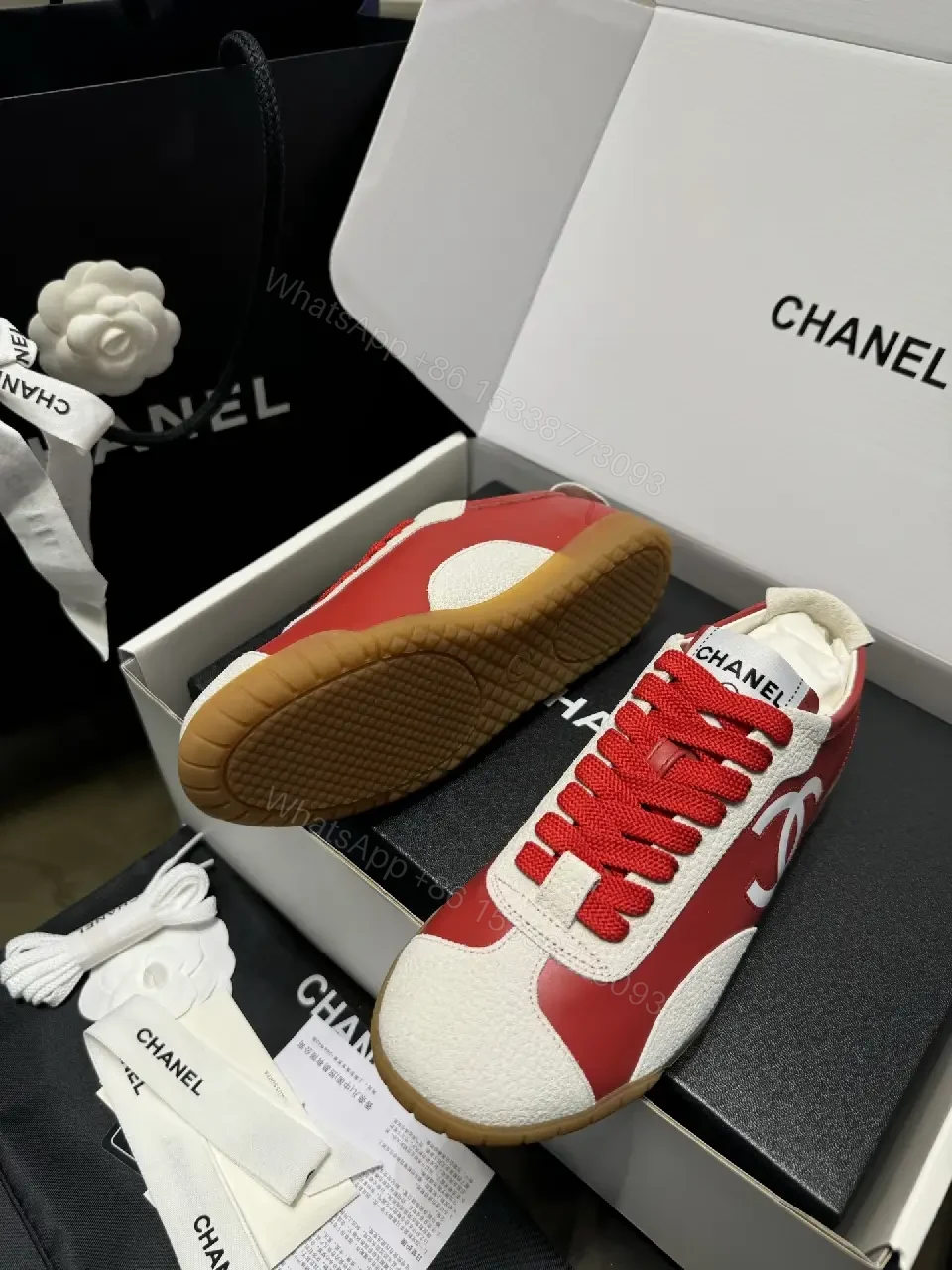 View 4 of Bold Red & White Chanel-Inspired Sneaker Couture (Luxury Low-Top)