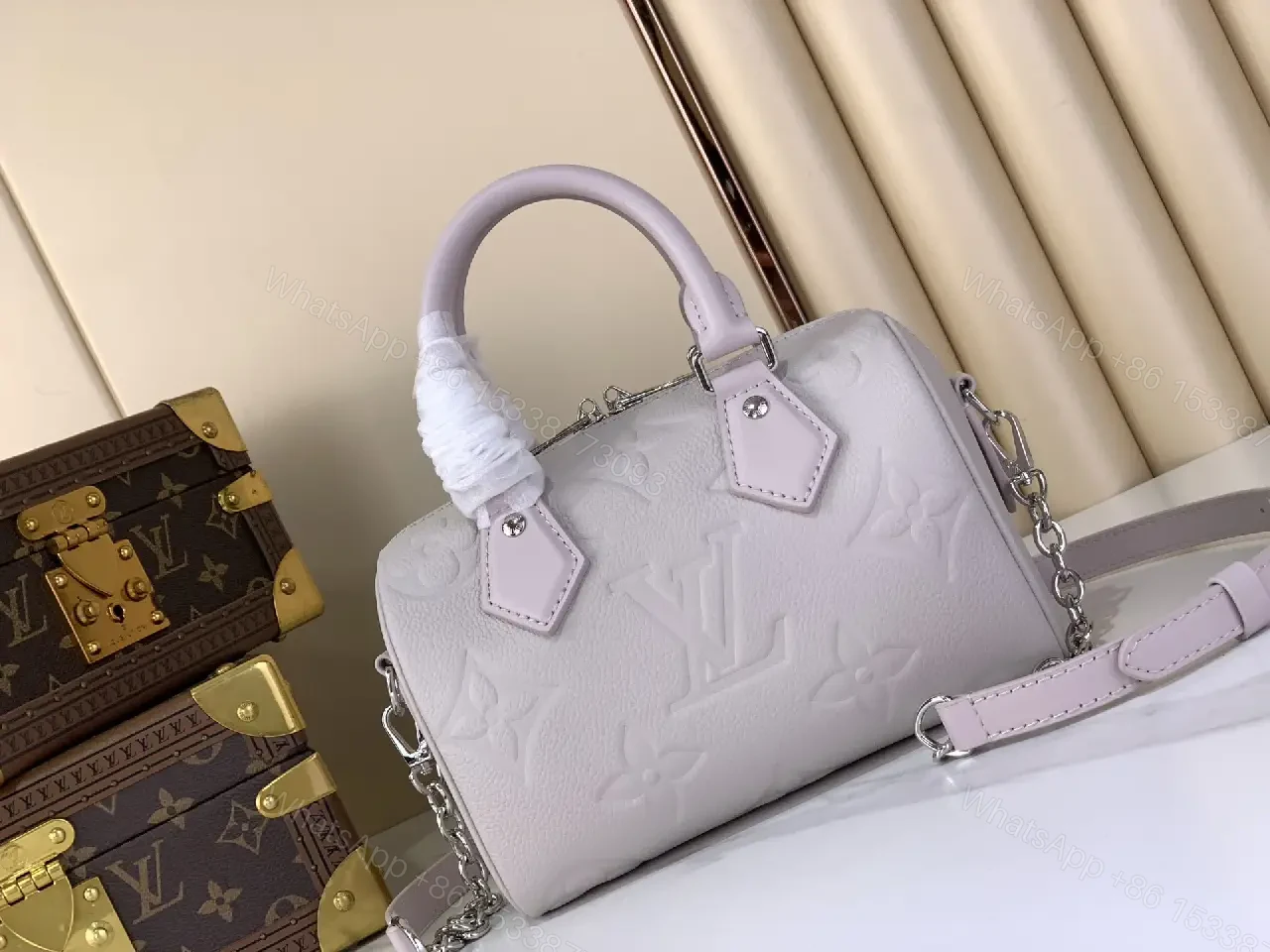 View 3 of Light Lavender Louis Vuitton-Style Dome Handbag with Chain Strap