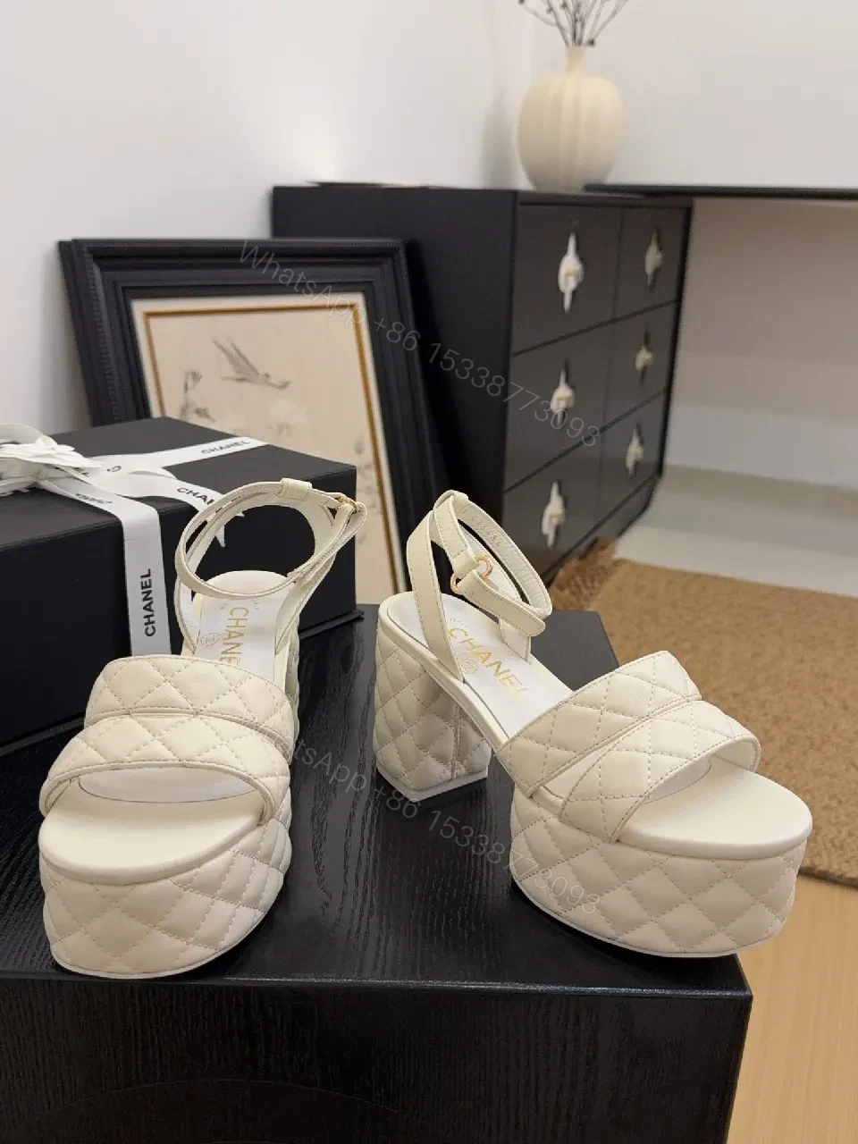 View 9 of Quilted Platform Sandals – Ivory, Gold Hardware, Comfortable Elevation