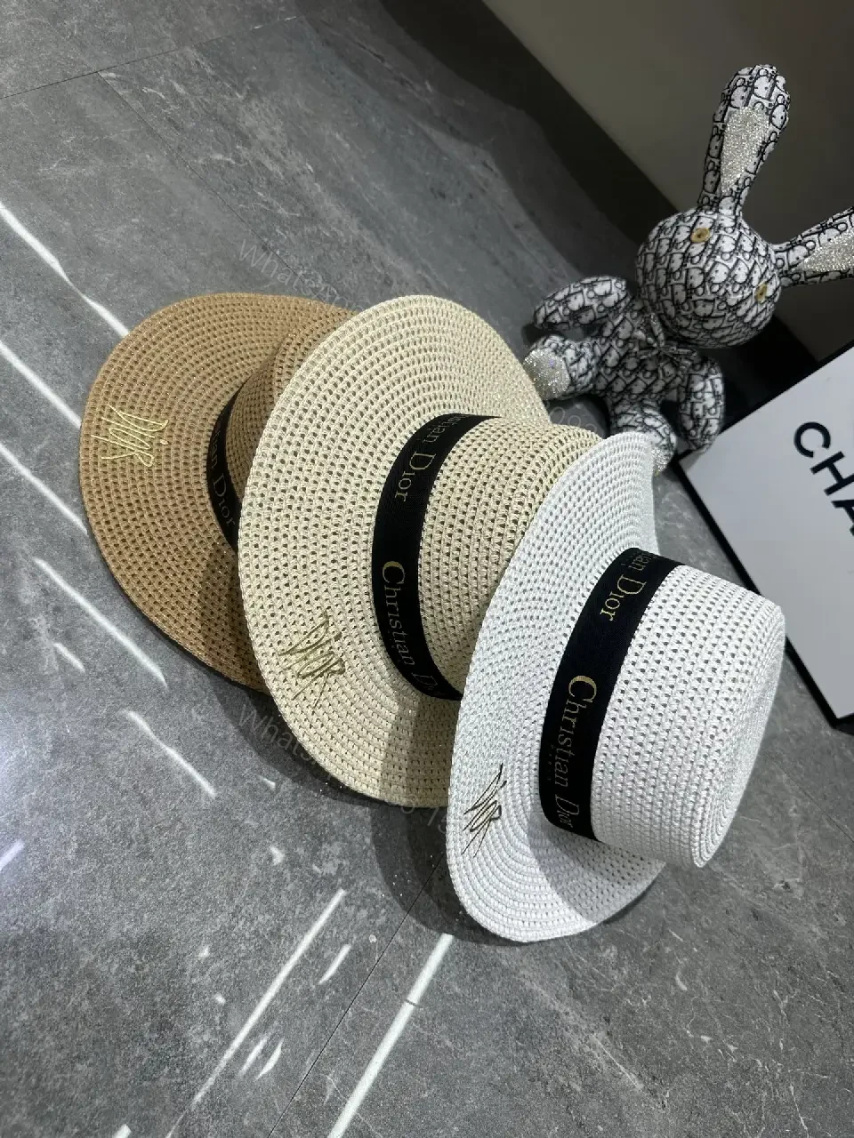 View 9 of Beige Straw Wide-Brim Hat with Dior Band (Emblem)