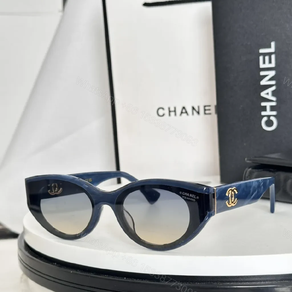 Blue Acetate Round-Frame Sunglasses, Gold Accents, Polarized Lens — view 1