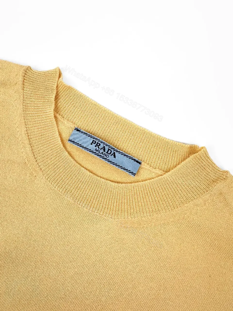 View 7 of Yellow Knit T-Shirt with Black Logo Embroidery, Minimalist Crewneck Top
