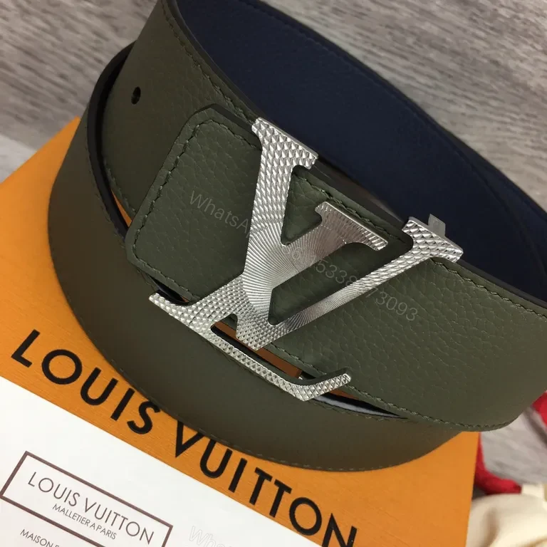View 2 of Olive Pebble Leather Belt with Silver LV Buckle (Premium)